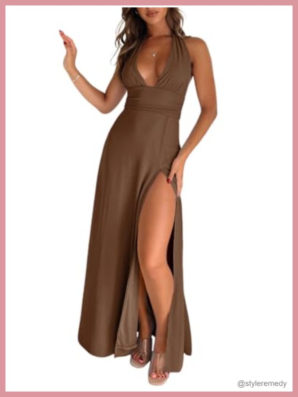 Halter Neck Backless Maxi Dress Sleeveless Open Back High Slit Semi Formal